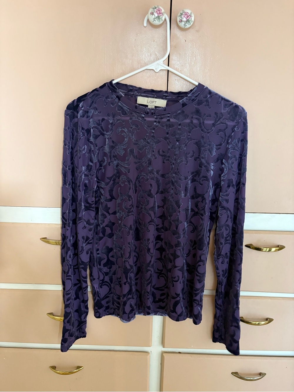LOFT Deep Purple Velvet Flocked Long Sleeve Top